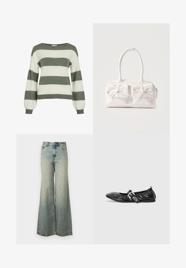 Grøn- og hvidstribet sweater med en afslappet pasform, brede ærmer og ribstrikkede manchetter. Lavet af blødt, tekstureret strikmateriale.; Lyseblå vide jeans lavet af denim, med høj talje, bleget vask og sidelommer med synlige stikninger.; Sorte læder flade sko med spids tå, samling detaljer omkring åbningen, og en sølv spænde accent på den justerbare rem.; Hvid syntetisk håndtaske med to forlommer, hver med en bundet sløjfedetalje. Glat tekstur, afrundede håndtag og lynlås lukning.