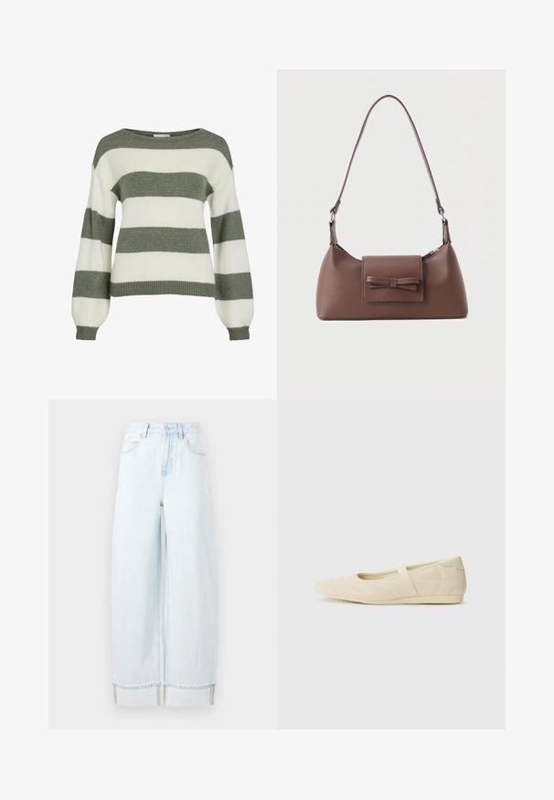 Grøn- og hvidstribet sweater med en afslappet pasform, brede ærmer og ribstrikkede manchetter. Lavet af blødt, tekstureret strikmateriale.; Lyseblå vidde jeans lavet af denim, med høj talje, forlommer og en rullet kant med synlige syninger.; Lysebrune ballet flats med en glat læderoverflade, mandelformet tå og elastisk rem over vristen, med diskrete syninger.; Brun skuldertaske i læder med en frontlomme med klap, der har en sydd sløjfedetalje, og en justerbar rem.