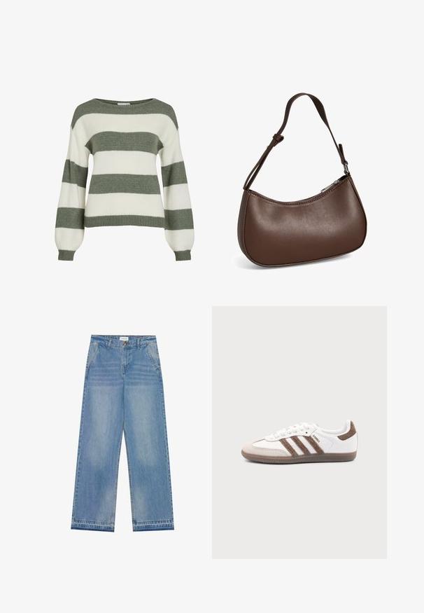 Grøn- og hvidstribet sweater med en afslappet pasform, brede ærmer og ribstrikkede manchetter. Lavet af blødt, tekstureret strikmateriale.; Lyseblå højtaljede wide-leg jeans med knaplukning, frontlommer, bæltestropper og diskret falmet detaljer.; Hvid Adidas Samba sneaker med brune ruskindstriber, brun gummisål og beige ruskindståhætte, vist fra ydersiden på en ensfarvet baggrund.; Lille brun skuldertaske i læder med justerbar rem og lynlåslukning, vist mod hvid baggrund. Ingen synligt branding eller dekorationer.