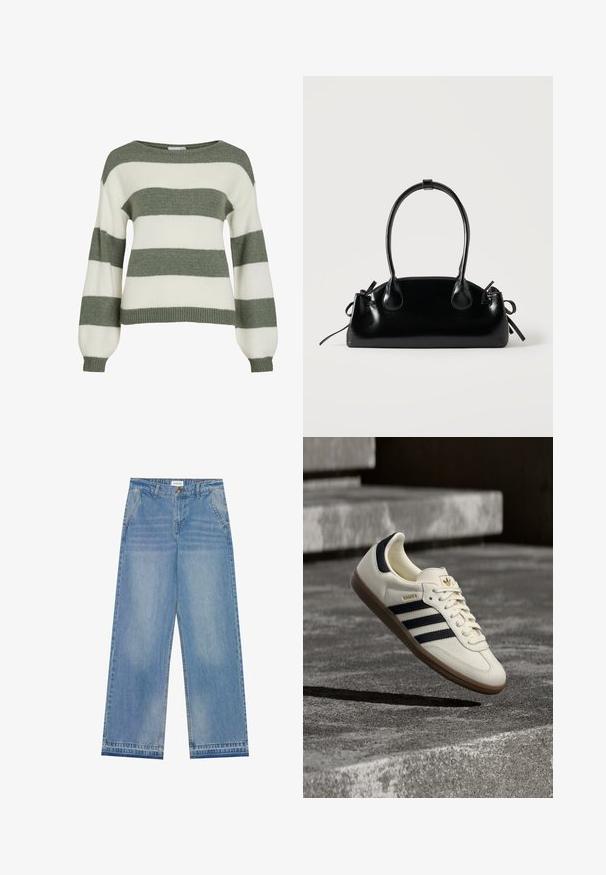 Grøn- og hvidstribet sweater med en afslappet pasform, brede ærmer og ribstrikkede manchetter. Lavet af blødt, tekstureret strikmateriale.; Lyseblå højtaljede wide-leg jeans med knaplukning, frontlommer, bæltestropper og diskret falmet detaljer.; Hvid Adidas Samba sneaker med sorte striber og gummsål, svævende over teksturerede grå betonstrin.; Lille sort blank håndtaske med to lange håndtag og snøre-detaljer i siden på en ensfarvet lys baggrund.