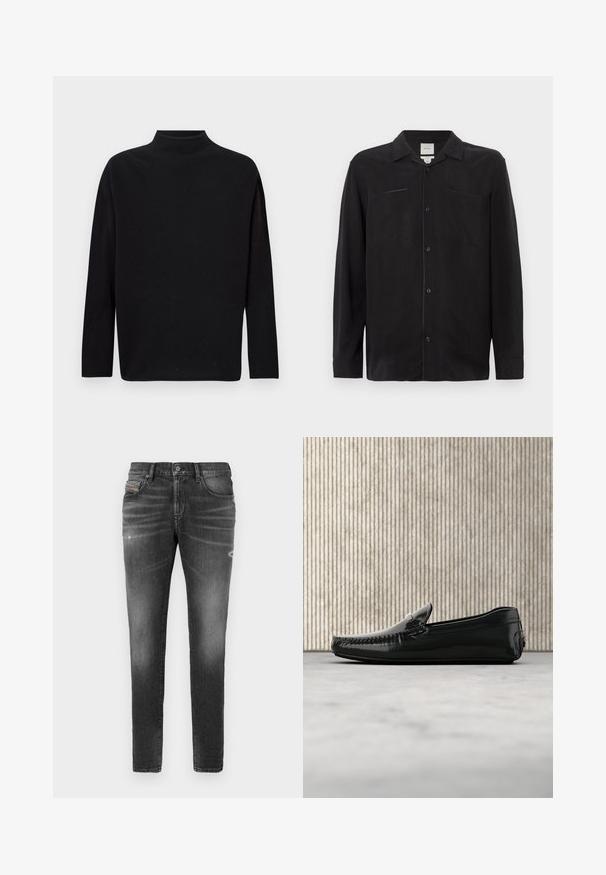 Sort turtleneck sweater, lavet af blødt strikket materiale, med lange ærmer, afslappet pasform og høj halsudskæring. Ingen synlige mønstre eller hardware.; Sort langærmet skjorte lavet af let stof, med en slagkrave, knapper foran og to brystlommer.; Grå denimjeans med slim fit, der har let slidte kanter, distressed detaljer og traditionel knaplukning.; Sorte læder loafers med en blank overflade, rund tå og dekorativt hardware foran. Lavprofil gummisål. Glat tekstur.