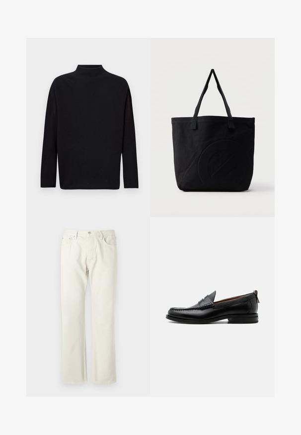 Sort turtleneck sweater, lavet af blødt strikket materiale, med lange ærmer, afslappet pasform og høj halsudskæring. Ingen synlige mønstre eller hardware.; Lys beige straight-leg jeans lavet af bomuldsdenim. Har lommer, en klassisk knaplukning og en subtil tekstur uden mønstre.; Sort læder herre loafer med moc-tå syning, penny strop, struktureret krave og lav stablet hæl på hvid baggrund.; Sort canvas-tote-taske med to skulderstropper og et diskret præget cirkeldesign på fronten.