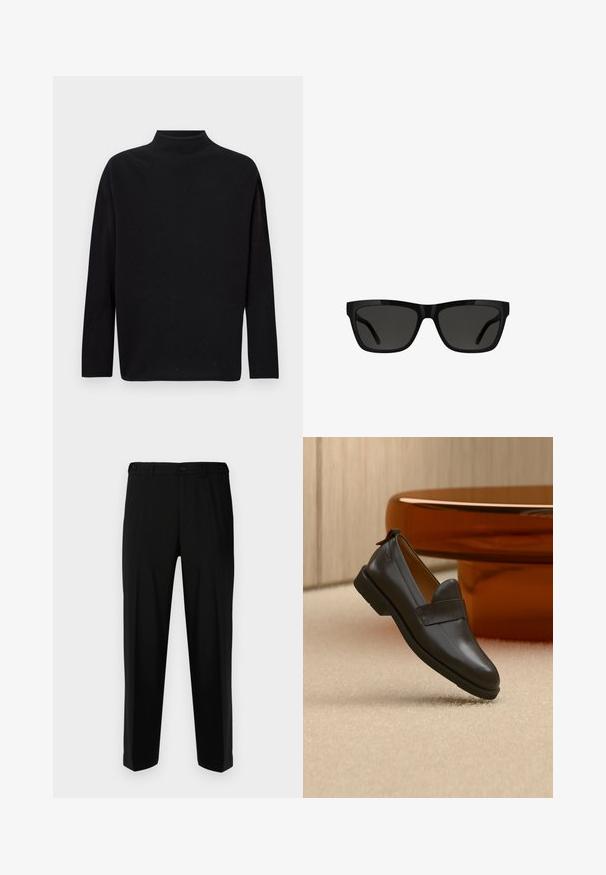 Suéter negro de cuello alto, hecho de un suave material de punto, con mangas largas, corte holgado y un escote alto. Sin patrones ni herrajes visibles.; Pantalones negros de tela suave, con corte recto, dos bolsillos frontales y cremallera con cierre de botón.; Mocasín de cuero negro con tacón bajo flotando sobre una alfombra beige, junto a una mesa brillante de color ámbar en una habitación minimalista.; Gafas de sol negras con forma rectangular, montura de plástico brillante, lentes oscuras y diseño elegante de patillas, adecuadas para varios tipos de rostro.