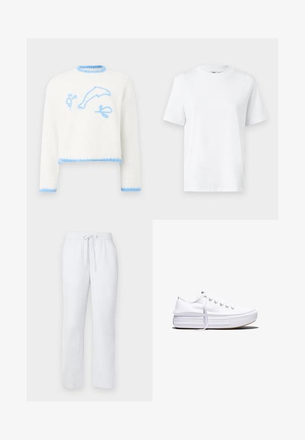 Suéter de punto blanco con ribete azul claro, que presenta un delfín azul claro y formas abstractas bordadas en el frente.; Camiseta de algodón blanca de cuello redondo con mangas cortas y una textura suave. Diseñada con un ajuste relajado para mayor comodidad y versatilidad.; Pantalones de pijama azul claro con un patrón texturizado, cinturilla elástica y cordón ajustable. Diseño de pierna recta, tela ligera.; Zapatilla blanca de lona de perfil bajo con suela gruesa de plataforma, cierre de cordones en el frente y puntera de goma texturizada, mostrada de perfil.