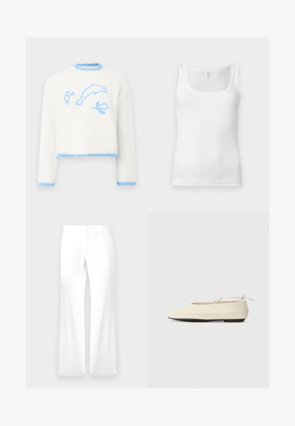 Pull en tricot blanc avec finitions bleu clair, présentant un dauphin bleu clair et des formes abstraites brodées sur le devant.; Débardeur en coton blanc avec encolure dégagée, fines bretelles et coupe ajustée. Texture lisse et style minimaliste.; Pantalons en lin blanc avec une jambe droite, fermeture à bouton et sans motifs visibles. Texture lisse et design minimaliste.; Des chaussures plates de couleur crème avec un bout arrondi, une sangle à la cheville et une semelle en caoutchouc noir contrastante. Matériau lisse avec un detailing minimal.