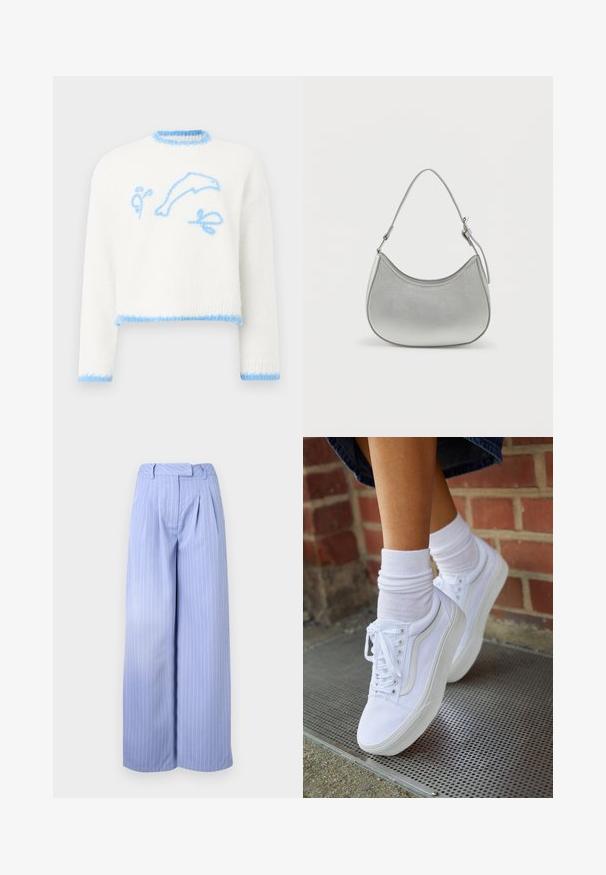 Suéter de punto blanco con ribete azul claro, que presenta un delfín azul claro y formas abstractas bordadas en el frente.; Pantalones de pierna ancha en azul claro con un patrón de rayas, con pliegues en la parte delantera y una cintura alta. Hechos de una tela suave con una textura agradable.; Zapatillas de lona blancas con suelas de goma, que presentan seis ojales, puntera redonda y detalles de costura ligera, combinadas con calcetines blancos hasta el tobillo.; Bolso de mano de imitación cuero plateado con forma curva, correa corta ajustable y textura suave, que presenta un detalle de costura minimalista.
