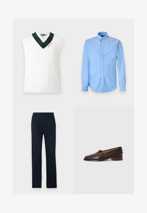 Gilet sans manches en maille torsadée blanche avec col en V à carreaux verts et noirs et petite broderie rouge "Polo Tennis".; Chemise bleu clair à manches longues avec col boutonné et petit logo cheval brodé blanc sur la poitrine gauche.; Pantalons bleu marine en coton, avec une coupe droite, fermeture à bouton à l'avant, et sans motifs ni accents visibles.; Mocassins en cuir marron avec un bout légèrement pointu, un petit talon empilé et des coutures décoratives sur le dessus. Texture lisse, design minimaliste.