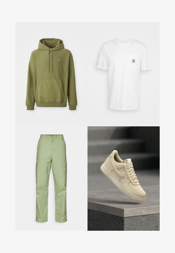 Olivovo zelená mikina s kapucňou, predné vrecko, nastaviteľná kapucňa so šnúrkou, pružné manžety, spodný lem a malý biely Nike swoosh na hrudi.; Biele bavlnené tričko s krátkymi rukávmi, vreckom na hrudi a malou štvorcovou nášivkou v oranžovej a bielej farbe na vrecku.; Svetlozelené cargo nohavice vyrobené z odolného materiálu, s rovnými nohavicami, dvoma bočnými vreckami a gombíkovým zapínaním v páse.; Béžová teniska Nike Air Force 1 vznášajúca sa nad sivým betónovým okrajom s rozmazaným pozadím schodov.