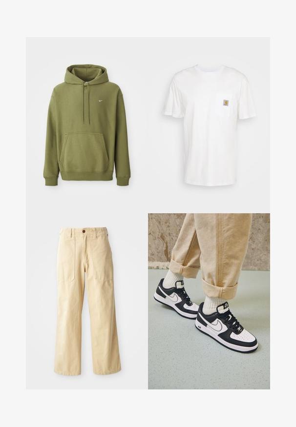 Sudadera verde oliva con bolsillo frontal, capucha ajustable con cordón, puños y dobladillo acanalados, y pequeño logo de Nike en blanco en el pecho.; Camiseta de algodón blanca con mangas cortas, un bolsillo en el pecho y un pequeño parche cuadrado de logo en naranja y blanco en el bolsillo.; Pantalones de pierna ancha beige de algodón. Cuentan con una cintura alta, dos bolsillos frontales de diseño plano y un cierre de un botón.; Zapatillas Nike Air Force 1 en blanco y negro con parte superior de cuero, puntera perforada y detalle de suela texturizada, combinadas con pantalones beiges remangados y calcetines blancos.