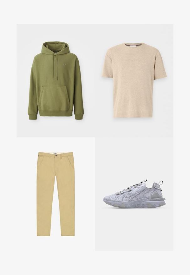 Oliivivihreä huppari, jossa on etu-tasku, säädettävä naruhuppu, ribatut hihansuut ja helma, sekä pieni valkoinen Nike-swoosh rinnassa.; Beigen värinen lyhythihainen puuvillainen pyöreäkauluksinen t-paita, jossa on hienovarainen vaakasuora tekstuuri, valkoisella taustalla.; Beiget suorat Wrangler-housut, joissa etutaskut, vyölenkit ja napillinen kiinnitys valkoisella taustalla.; Vaaleanharmaat urheiluaddut, joissa on hengittävä verkkomateriaali päälliosassa, teksturoitu kumipohja ja heijastavat yksityiskohdat. Mukana pehmustettu nilkkaremmi ja nauhakiinnitys.
