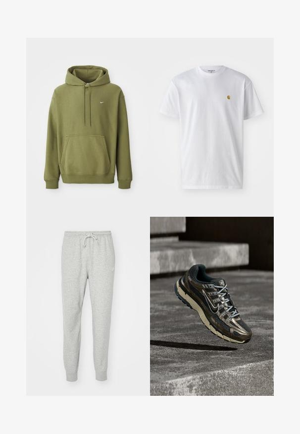 Olivovo zelená mikina s kapucňou, predné vrecko, nastaviteľná kapucňa so šnúrkou, pružné manžety, spodný lem a malý biely Nike swoosh na hrudi.; Biele bavlnené tričko s krátkymi rukávmi, okrúhlym výstrihom, s malým zlatým logom na ľavej strane hrude. Mäkká textúra a normálny strih.; Sivé tepláky vyrobené z mäkkého materiálu s elastickým pásom, so šnúrkou na stiahnutie a rebrovanými manžetami. Obsahujú malé logo na boku.; Tmavá kovová a čierna bežecká obuv Nike s béžovou podrážkou vznášajúca sa nad sivými betónovými schodmi.