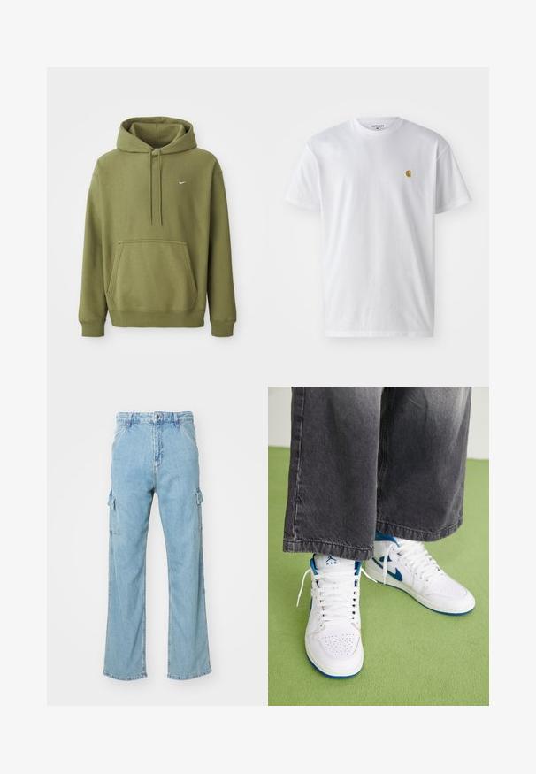 Olivovo zelená mikina s kapucňou, predné vrecko, nastaviteľná kapucňa so šnúrkou, pružné manžety, spodný lem a malý biely Nike swoosh na hrudi.; Biele bavlnené tričko s krátkymi rukávmi, okrúhlym výstrihom, s malým zlatým logom na ľavej strane hrude. Mäkká textúra a normálny strih.; Svetlo modré denimové cargo nohavice so širokými nohavicami, obsahujúce dve postranné cargo vrecká a klasické zapínanie na gombíky. Textúrovaná tkanina s vyblednutým vzhľadom.; Biele vysoké tenisky s modrými akcentmi, perforovanou špičkou a bielymi šnúrkami. Nosené s voľnými šedými džínsami na zelenej ploche.