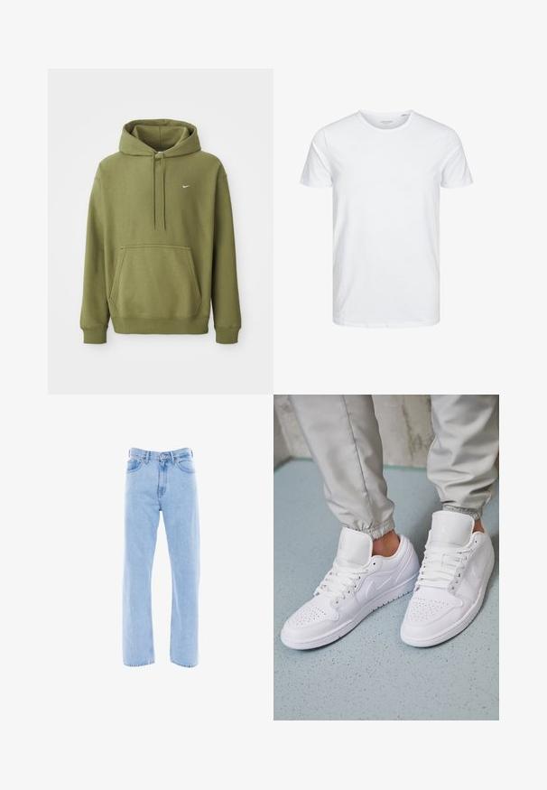 Sudadera verde oliva con bolsillo frontal, capucha ajustable con cordón, puños y dobladillo acanalados, y pequeño logo de Nike en blanco en el pecho.; Camiseta de manga corta y cuello redondo en blanco sólido, fabricada en algodón suave, presenta un diseño simple sin patrones ni acentos visibles.; Jeans de denim de color azul claro con corte recto, cintura alta, bolsillos frontales y detalles de costura clásica en las costuras y la cinturilla.; Las zapatillas deportivas de cuero blanco cuentan con una caja de dedos perforada, cordones planos, un cuello acolchado y el logo de Jordan en la lengüeta. Las llevan puestas con pantalones joggers grises.
