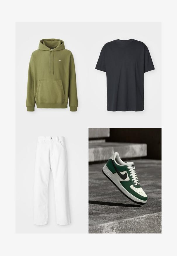 Oliivivihreä huppari, jossa on etu-tasku, säädettävä naruhuppu, ribatut hihansuut ja helma, sekä pieni valkoinen Nike-swoosh rinnassa.; Mustapaita lyhyillä hihoilla, pyöreällä kaula-aukolla, rento istuvuus ja sileä tekstuuri. Ei näkyviä kuvioita tai lisätietoja.; Valkoiset farkut suoran lahkeiden muotoilulla, joissa on etunappi ja vetoketjukiinnitys, viisi taskua ja siisti, teksturoitu pinta.; Vihreä ja valkoinen Nike Air Force 1 -tennari mustalla swooshilla, leijumassa betonipinnan yllä, taustalla sumennetut portaat.