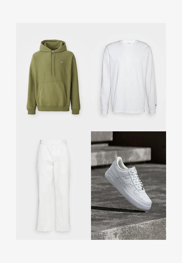 Oliivivihreä huppari, jossa on etu-tasku, säädettävä naruhuppu, ribatut hihansuut ja helma, sekä pieni valkoinen Nike-swoosh rinnassa.; Valkoinen pitkähihainen t-paita, joka on valmistettu puuvillasta. Pyöreä kaula-aukko, jossa on resorikujat ja pieni logo vasemmassa hihassa. Tasainen pinta.; Valkoiset puuvillahousut, joissa on suoralenkkinen muotoilu, vyölenkit ja sivutaskut. Housuissa on sileä pinta ja minimaalinen koristelu.; Valkoinen Nike Air Force 1 -lenkkari, jossa on kohokuvioidut tähtikuviot ja metallinen tähtinen nauhakoriste, leijuu betonipinnan yläpuolella.