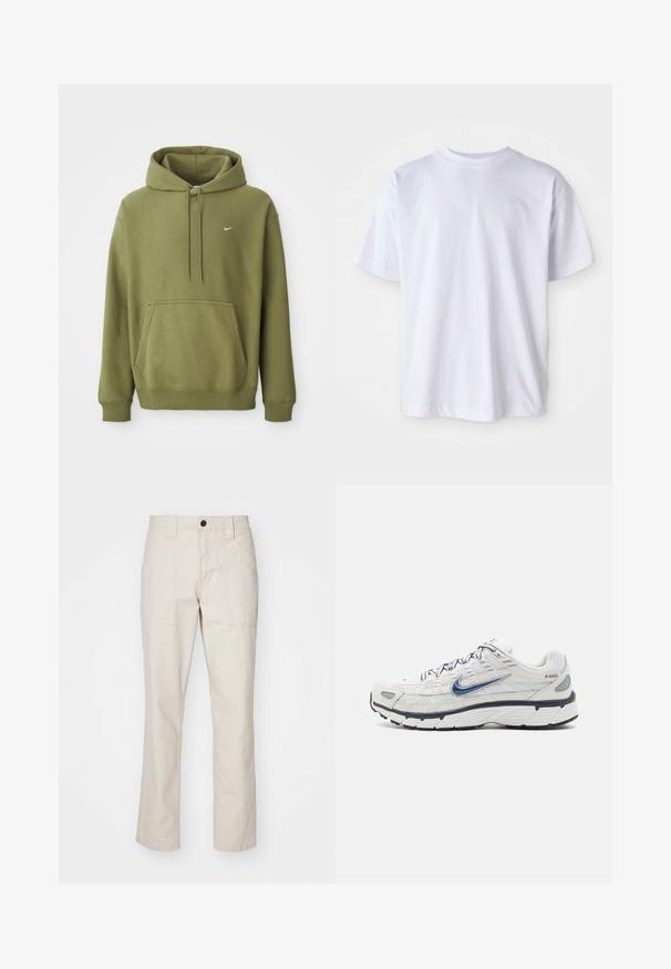 Sudadera verde oliva con bolsillo frontal, capucha ajustable con cordón, puños y dobladillo acanalados, y pequeño logo de Nike en blanco en el pecho.; Camiseta blanca de algodón con cuello redondo y mangas cortas. Presenta un logo sutil bordado en un color a juego en el lado izquierdo del pecho.; Pantalones de algodón beige con un diseño de pierna recta, que cuentan con dos bolsillos frontales, un cierre de botón único y costuras visibles como acentos.; Nike Sportswear P 6000 - Zapatillas - phantom/obsidian/summit white/white/black/metallic silver