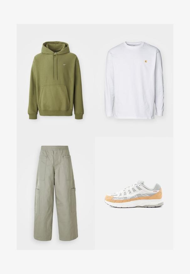 Oliivivihreä huppari, jossa on etu-tasku, säädettävä naruhuppu, ribatut hihansuut ja helma, sekä pieni valkoinen Nike-swoosh rinnassa.; Valkoinen pitkähihaisen t-paita, joka on valmistettu puuvillasta. Siinä on pieni kultainen logo rinnassa ja pyöreä pääntie. Yksinkertainen muotoilu ja normaali istuvuus.; Reisitaskuhousut, oliivinvihreät, joissa on joustava vyötärö, useita taskuja ja sileä pinta. Kapeampi leveys helman kohdalla.; Valkoiset ja harmaat lenkkitossut, joissa on vaaleanoransseja yksityiskohtia, verkko- ja nahkamateriaaleja, teksturoitu pohja ja geometrinen kuvio sivuilla.
