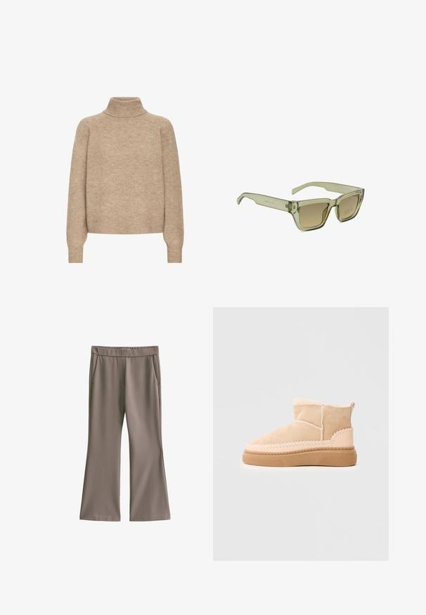 Pull en beige col roulé en maille douce. Présente des manches raglan, un col et des poignets côtelés avec une coupe décontractée.; Pantalon à jambes larges couleur taupe avec taille élastique et poches avant, en tissu lisse, présenté à plat sur fond blanc.; Bottines en suède beige avec un intérieur en peluche, un design cousu autour de la semelle et une plateforme en caoutchouc de couleur claire.; Lunettes de soleil rectangulaires avec des montures en plastique translucide vert clair et des verres teintés marron, vues de face sur un fond blanc.