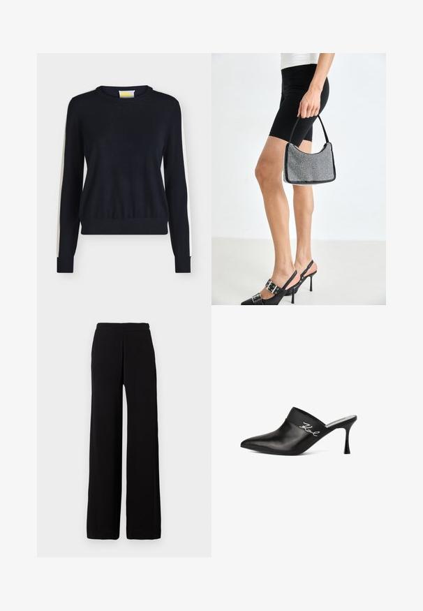 Pull noir à manches longues avec des bandes blanches le long des manches et un col rond.; Pantalon noir à jambes larges en tissu doux avec une taille élastique, présentant un design épuré sans motifs ni accents visibles.; Mule en cuir noir avec un petit bout pointu et un talon aiguille. Il présente une large bande avec des détails en script argenté sur le côté. Texture lisse.; Sac à main à perles noires avec une silhouette courbée, une poignée de transport et une texture brillante. Porté avec des chaussures à talons hauts noires et un short noir ajusté.