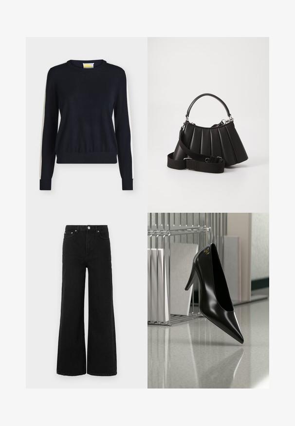 Pull noir à manches longues avec des bandes blanches le long des manches et un col rond.; Jean noir à jambes larges en denim ; doté d'une taille haute, de poches avant et d'une fermeture par bouton. Aucun motif ni ornement visible.; Chaussure noire à talon haut avec bout pointu et logo doré, posée sur une surface réfléchissante près d'un organiseur de dossiers en fil chromé contenant des documents.; Sac à main plissé noir avec une poignée arrondie, une bandoulière réglable et une texture brillante. Présente des accessoires en argent et une silhouette structurée.