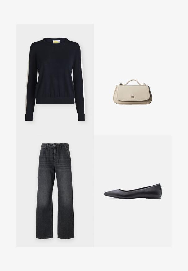 Pull noir à manches longues avec des bandes blanches le long des manches et un col rond.; Jean large en denim gris foncé, avec une taille haute, des poches avant et un léger délavage sur les cuisses. Détail de couture contrastée.; Chaussure plate en cuir noire à bout pointu avec petit talon, vue de profil sur fond blanc.; Petit sac à main en cuir beige avec poignée supérieure et logo CK argenté sur le rabat avant, présenté sur fond blanc.