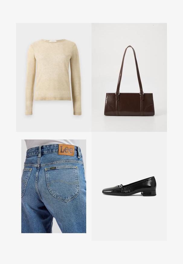 Beige langærmet sweater med rund hals, ribbede manchetter og kant, lavet af blødt strikket stof, præsenteret på hvid baggrund.; Blå denimbukser med baglommer med gule syninger og et brunt lædermærke med Lee-brand på linningen.; Sorte patentlæder balletflade med spids tå, lav firkantet hæl og en lille metallisk spænde detalje på remmen. Glat tekstur.; Brun lakeret håndtaske med rektangulær form, to lange håndtag og subtile buede detaljer på fronten.