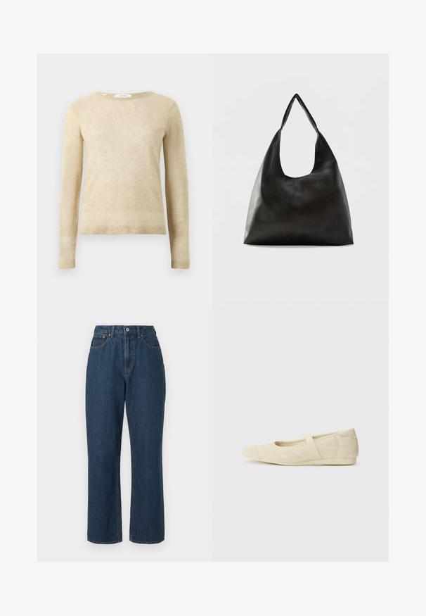 Beige langærmet sweater med rund hals, ribbede manchetter og kant, lavet af blødt strikket stof, præsenteret på hvid baggrund.; Blå denim jeans med høj talje, bred bendesign, synlig syning og en enkelt knaplukning fortil. Struktureret stof med en glat finish.; Lysebrune ballet flats med en glat læderoverflade, mandelformet tå og elastisk rem over vristen, med diskrete syninger.; Sort skuldertaske i glat læder med en bred, enkelt strop og et afslappet, minimalistisk design mod en ensfarvet baggrund.