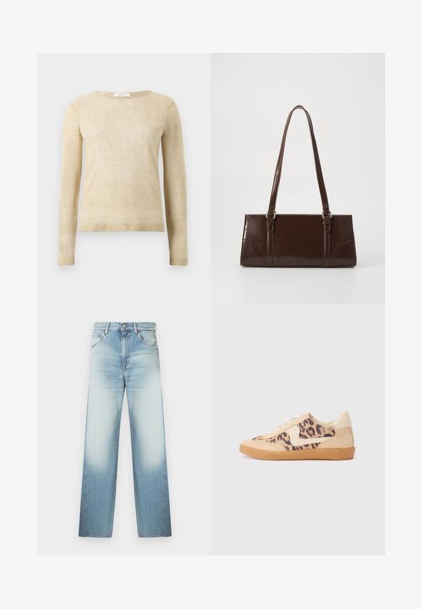 Beige langærmet sweater med rund hals, ribbede manchetter og kant, lavet af blødt strikket stof, præsenteret på hvid baggrund.; Lyseblå denimjeans med løs pasform, høj talje, fem-lomme-design og subtil falmning mod bunden af benene.; Leopardprint sneakers med beige ruskindsoverdel, tan gummisål og hvide detaljer. Rund pegefinger og snørebåndsdesign med en tekstureret finish.; Brun lakeret håndtaske med rektangulær form, to lange håndtag og subtile buede detaljer på fronten.