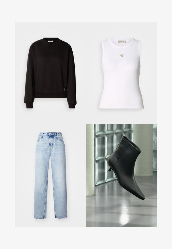 Zwarte sweatshirt gemaakt van zachte stof met een ronde hals, lange mouwen en ribgebreide boorden. Bevat een klein logotag aan de zoom.; Wit geribd mouwloos tanktop met Calvin Klein Jeans-label op de borst en binnenhalslabel.; Lichtblauwe high-waisted jeans met een losse pasvorm, met rechte pijpen, vijf zakken en een klassieke knoop- en ritssluiting.; Zwarte leren enkellaars met spits toelopende neus en lage kittenhak, schuin weergegeven tegen een gepolijste vloer en een glazen blokken muur als achtergrond.