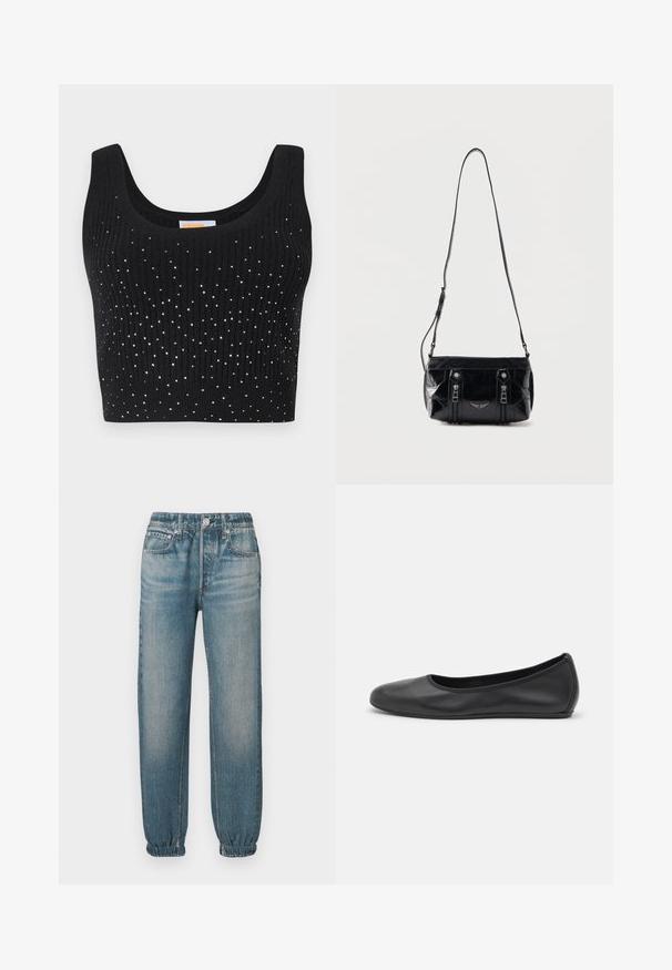 Crop top noir à côtes avec décolleté arrondi et embellissements en sequins argentés dispersés sur le devant.; Pantalons jogger en denim bleu clair avec une taille élastique, des poignets élastiques, cinq poches et des détails décolorés sur les jambes.; Ballerines en cuir noir avec un bout rond, texture lisse, détails de couture minimalistes et design de semelle flexible.; Sac à bandoulière en cuir noir avec sangle réglable, deux fermetures éclair verticales sur le devant et un petit emblème métallique en forme d'aile sous les fermetures éclair.