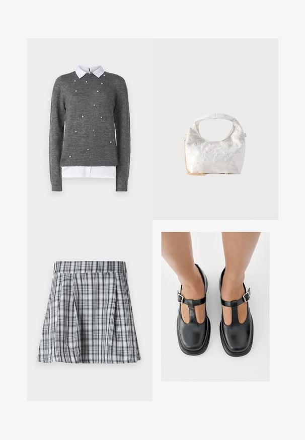 Grijze sweater met een ronde halslijn, lange mouwen en een wit overhemd met kraag eronder. Versierd met verspreide parelachtige accenten. Zachte textuur.; Geruite mini rok in grijs en wit, met plooien en een tailleband. Gemaakt van lichte stof, met verticale en horizontale strepen.; Zwarte leren schoenen met een T-bandontwerp, gesloten teensluiting en zilverkleurige gespdetails. Glad oppervlak met een ronde neus en platte zool.; Witte satijnen handtas met bloemrijke borduursels, ronde uitsnede als handvat en een bevestigd gouden kettingriempje tegen een effen lichte achtergrond.