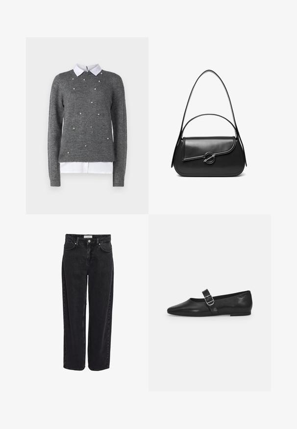 Grå sweater med rund halsudskæring, lange ærmer og hvid kraver undertrøje. Dekoreret med spredte perle-lignende detaljer. Blød tekstur.; Sort denim bukser med vide ben og høj talje, fem-lomme design og lynlåsgylp. Glat tekstur med minimale synlige syningsdetaljer.; Sorte læder flade sko med rund tå, et enkelt justerbart spænde og en glat, blank overflade. Minimalistisk design med en lav hæl.; Sort skuldertaske i læder med en buet klap, der er fastgjort med en rund metal spænde, og en slank, justerbar rem.