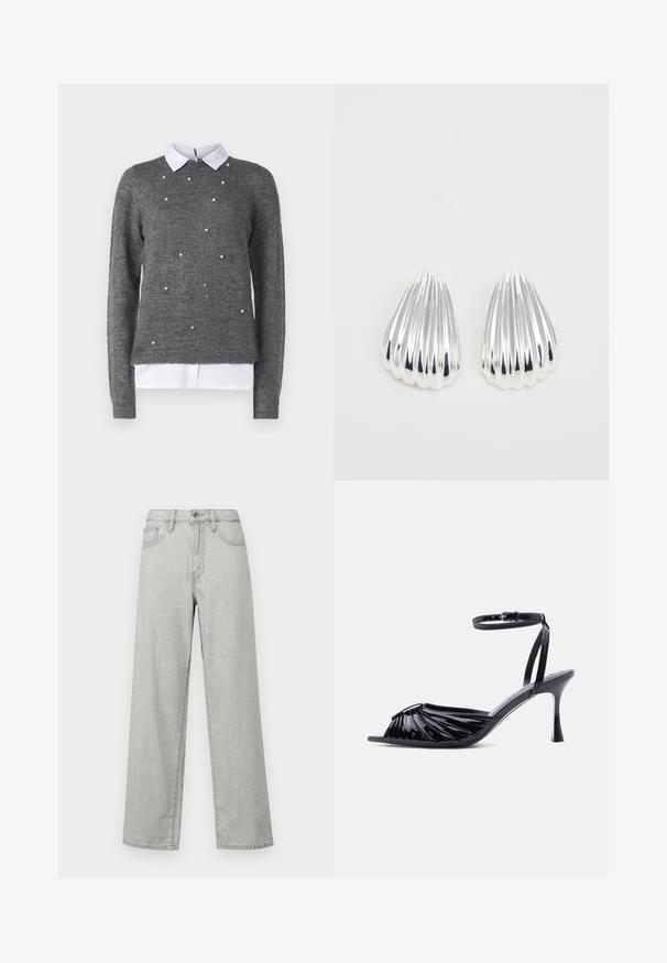 Suéter gris con un cuello redondo, mangas largas y una camisa blanca con cuello debajo. Decorado con acentos dispersos similares a perlas. Textura suave.; Jeans de pierna ancha de color gris claro, fabricados en denim, con una cintura alta, bolsillos delanteros y un cierre estándar con botón y cremallera.; Sandalia de tacón alto de charol negro con puntera abierta, diseño fruncido en la parte frontal y correa ajustable en el tobillo con hebilla.; Un par de pendientes en forma de concha, de metal plateado brillante y estriado, sobre un fondo blanco liso, mostrando superficies reflectantes y suaves.