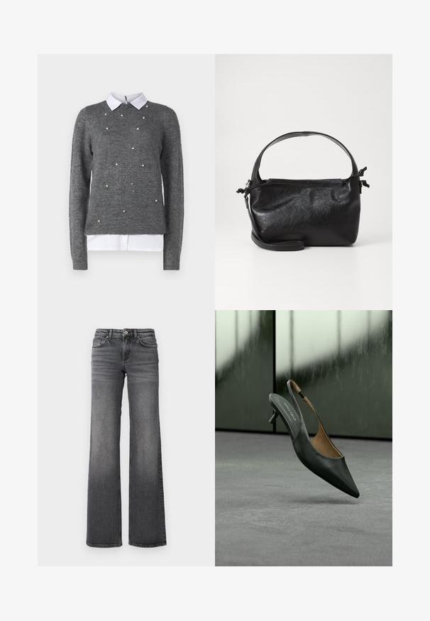 Grå sweater med rund halsudskæring, lange ærmer og hvid kraver undertrøje. Dekoreret med spredte perle-lignende detaljer. Blød tekstur.; Mørkegrå denim jeans med lige ben, let falmet på lårerne og standard fem-lomme design mod en hvid baggrund.; Sort slingback sko med spidset tå og lille hæl med tynd rem og "ANNA FIELD" mærke på indersålen, mod en sløret grå baggrund.; Sort læderhåndtaske med et struktureret design, rund tophåndtag og aftagelig skulderrem. Den har en glat tekstur og en subtil glans.