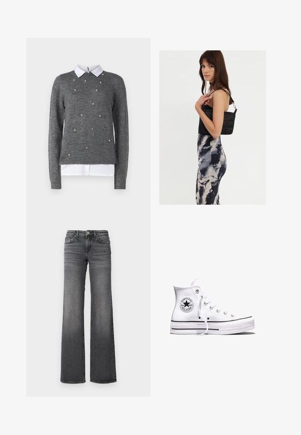 Grå sweater med rund halsudskæring, lange ærmer og hvid kraver undertrøje. Dekoreret med spredte perle-lignende detaljer. Blød tekstur.; Mørkegrå denim jeans med lige ben, let falmet på lårerne og standard fem-lomme design mod en hvid baggrund.; Hvid Converse Chuck Taylor All Star højt snøresko med sorte striber og logoemblem på siden, vist mod en ensfarvet hvid baggrund.; Sort quiltet skuldertaske med en enkelt rem og sølvhardware, parret med en tætsiddende kjole med tie-dye mønster i nuancer af sort og creme.