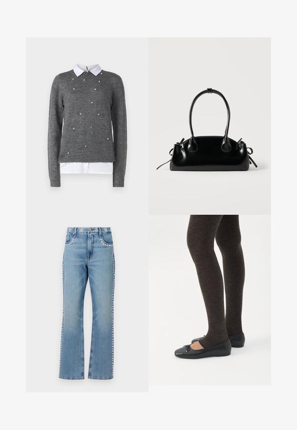 Grauer Pullover mit Rundhalsausschnitt, langen Ärmeln und weißem, kragenähnlichem Unterhemd. Verziert mit verstreuten, perlenähnlichen Akzenten. Weiche Textur.; Good American GOOD ICON STUDDED - Jeans Straight Leg - indigo; Beine in dunklen, gerippten Leggings kombiniert mit schwarzen Ballerinas mit kleinen Schleifendetails auf weißem Hintergrund.; Kleine schwarze glänzende Handtasche mit zwei langen Griffen und seitlichen Kordelzug-Details vor einfachem hellem Hintergrund.