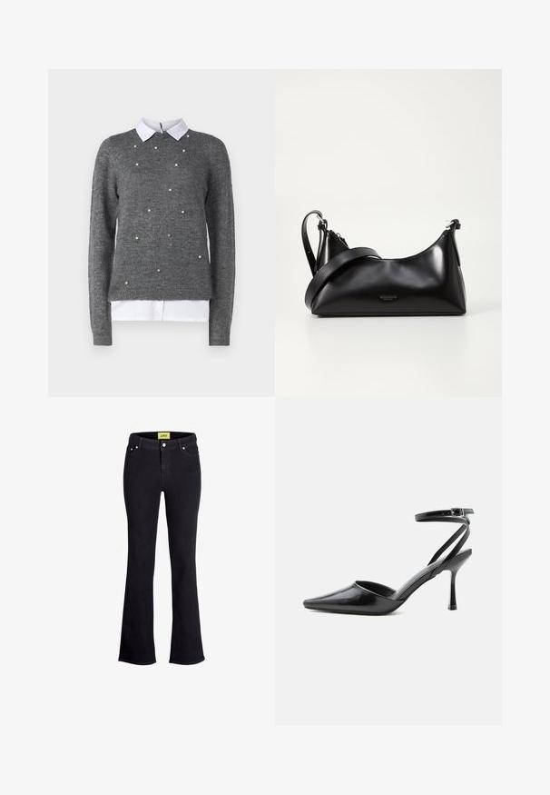 Grå sweater med rund halsudskæring, lange ærmer og hvid kraver undertrøje. Dekoreret med spredte perle-lignende detaljer. Blød tekstur.; Sort denim flared jeans med et standard fem-lomme design, der har en knap- og lynlås-lukning samt et kontrasterende gult mærke ved taljen.; Sort spids højhælet sko med tynde ankelremme og sølvspænde på en ensfarvet lys baggrund.; Sort læderhåndtaske med en glat tekstur. Har en justerbar stropp og et enkelt, minimalistisk design med lynlås.