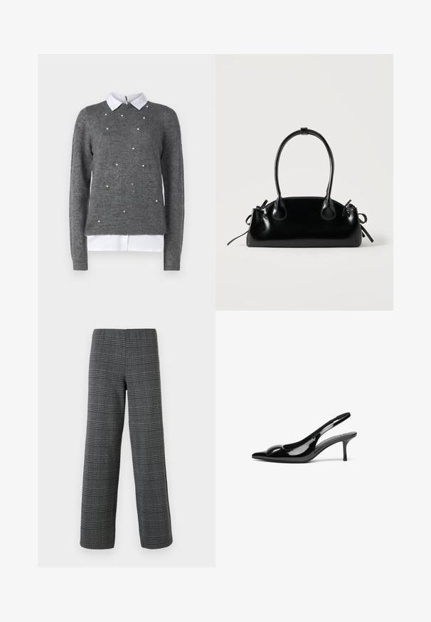 Grijze sweater met een ronde halslijn, lange mouwen en een wit overhemd met kraag eronder. Versierd met verspreide parelachtige accenten. Zachte textuur.; Vero Moda VMBERLIN WIDE PANT - Broek - dark grey/black; Zwarte gepatineerde leren slingback hakken met een puntige neus en een glanzende afwerking. Heeft een slanke hak en een ronde accent op de bovenkant.; Kleine zwarte glanzende handtas met twee lange hengsels en zijkant trekkoord details op een effen lichte achtergrond.