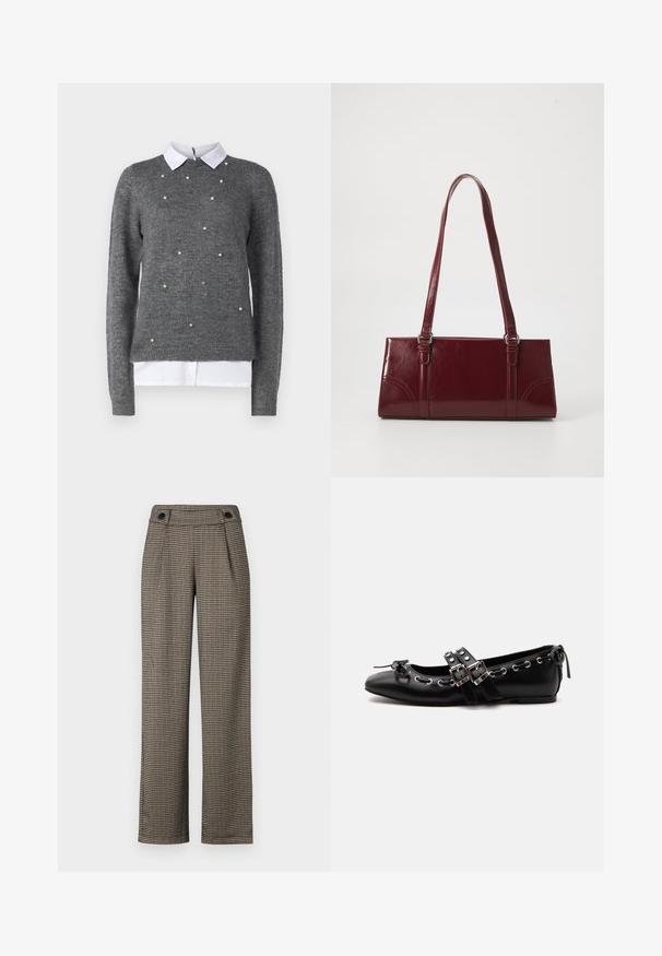 Suéter gris con un cuello redondo, mangas largas y una camisa blanca con cuello debajo. Decorado con acentos dispersos similares a perlas. Textura suave.; Pantalones con patrón de cuadros marrones y cintura alta, con pliegues laterales y acentos de botones negros. Fabricados con una tela tejida texturizada.; Zapato de ballet plano negro con correas de doble hebilla, ojales plateados y un pequeño lazo cerca de la puntera redondeada sobre un fondo blanco.; Bolso burdeos hecho de material brillante, de forma rectangular, con dos asas para el hombro y sutiles acentos curvados en la parte frontal.