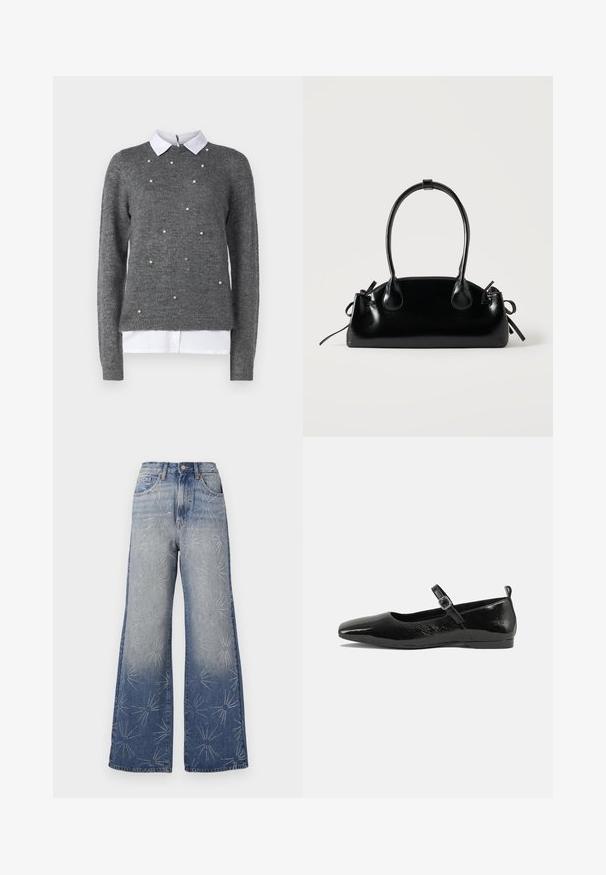 Grå sweater med rund halsudskæring, lange ærmer og hvid kraver undertrøje. Dekoreret med spredte perle-lignende detaljer. Blød tekstur.; Store bukser i lyseblå denim med sølvfarvede stjernemønstre. Høj talje med knaplukning og klassisk fem-lomme-design.; Sorte patentlæder flade sko med spidse tæer, en ankelrem med spænde og en glat, blank tekstur. Lav hæl for komfort.; Lille sort blank håndtaske med to lange håndtag og snøre-detaljer i siden på en ensfarvet lys baggrund.