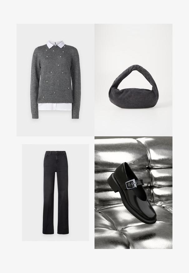 Grauer Pullover mit Rundhalsausschnitt, langen Ärmeln und weißem, kragenähnlichem Unterhemd. Verziert mit verstreuten, perlenähnlichen Akzenten. Weiche Textur.; Schwarze Denim-Jeans mit geradem Bein, hoher Taille, Fünf-Taschen-Design und sichtbaren Nähten. Glatte Textur mit leicht ausgeblichenem Finish.; Schwarze Leder-Mary-Jane-Schuhe mit quadratischer Zehenform, einem silbernen Schnallenakzent und einem robusten, niedrigen Absatz, vor einem glänzenden silbernen Hintergrund.; Dunkelgraue Stofftasche mit einem gebogenen Griff, weicher Textur und runder Form. Keine sichtbaren Beschläge oder Verzierungen.