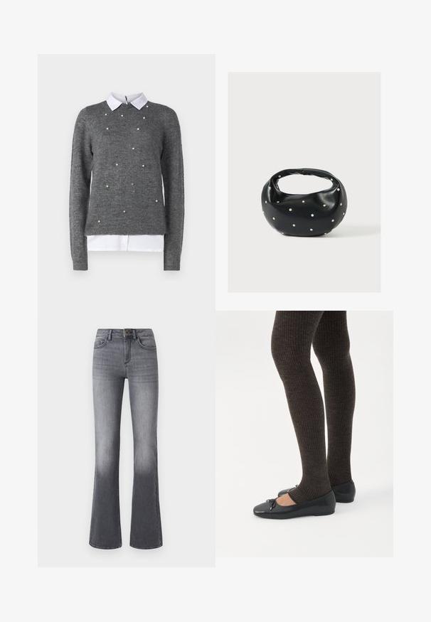 Grijze sweater met een ronde halslijn, lange mouwen en een wit overhemd met kraag eronder. Versierd met verspreide parelachtige accenten. Zachte textuur.; High-waisted flared jeans in donkergrijze denim, met voorzakken, een knoopsluiting en subtiele vervaging naar de zoom toe.; Benen met donkere geribbelde leggings gecombineerd met zwarte ballerina's met kleine strikdetails op een witte achtergrond.; Zwarte leren handtas met een afgeronde vorm, versierd met zilveren studs, en een korte handgreep. Gladde textuur en ritsluiting.
