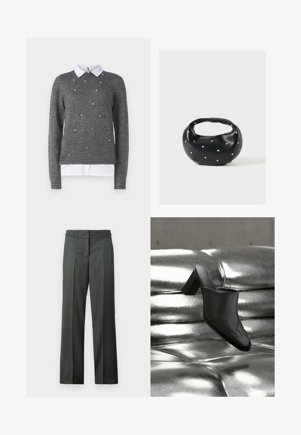 Grijze sweater met een ronde halslijn, lange mouwen en een wit overhemd met kraag eronder. Versierd met verspreide parelachtige accenten. Zachte textuur.; Donkergrijze rechte broek met plooien aan de voorkant en verstelbare taille met knopen aan de zijkant, op een witte achtergrond.; Zwarte leren mule met blokhak, rustend op een glanzend zilveren gestoffeerde oppervlakte, die het strakke ontwerp en de afgeronde details benadrukt.; Zwarte leren handtas met een afgeronde vorm, versierd met zilveren studs, en een korte handgreep. Gladde textuur en ritsluiting.