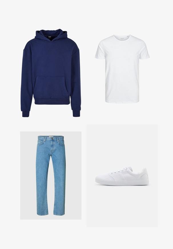 Sudadera azul marino hecha de tejido suave, con un gran bolsillo frontale, puños y dobladillo acanalados, y capucha con cordón.; Camiseta de manga corta y cuello redondo en blanco sólido, fabricada en algodón suave, presenta un diseño simple sin patrones ni acentos visibles.; Los jeans de mezclilla en un tono azul claro presentan un diseño de pierna recta, estilo de cinco bolsillos y un cierre de cremallera con un botón de metal.; Zapatillas de lona blancas con suela de goma, que cuentan con seis ojales, una puntera texturizada y un diseño minimalista.