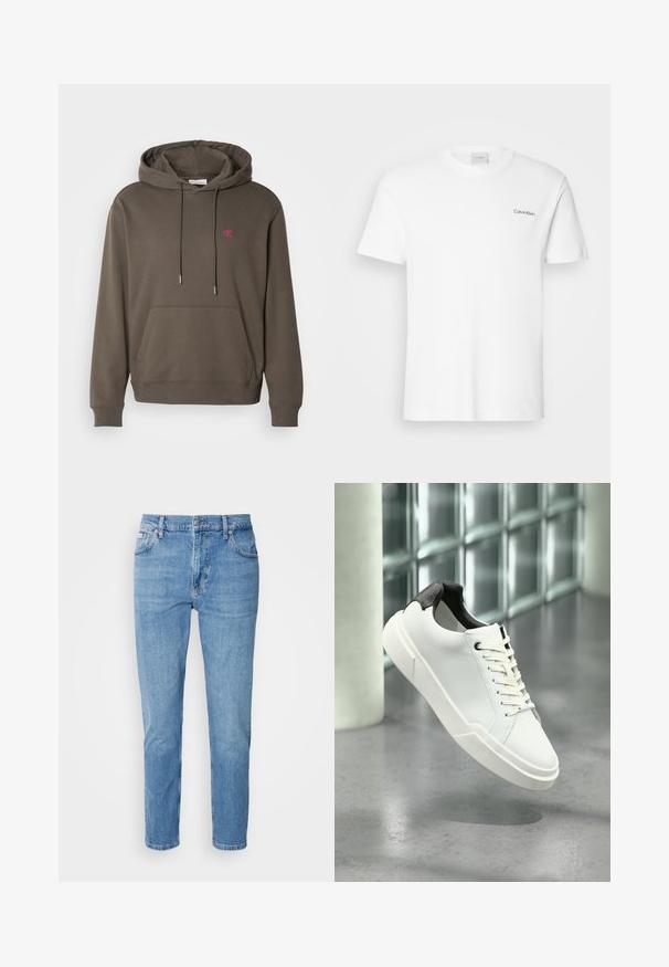 Sudadera gris con capucha, bolsillo frontal, cordón y un pequeño logotipo rosa en el pecho. Tejido suave con puños y dobladillo acanalados.; Camiseta de algodón blanca con mangas cortas y un escote en forma de cuello redondo. Presenta un pequeño logotipo negro de "Calvin Klein" en el lado izquierdo del pecho.; Vaqueros de mezclilla azul claro con corte recto, diseño de cinco bolsillos y un sutil desgastado. Presentan un cierre de botón y pasadores para cinturón.; Zapatilla blanca de perfil bajo con lengüeta del talón texturizada en negro, cordones blancos y suela gruesa sobre un suelo de cemento pulido cerca de bloques de vidrio.