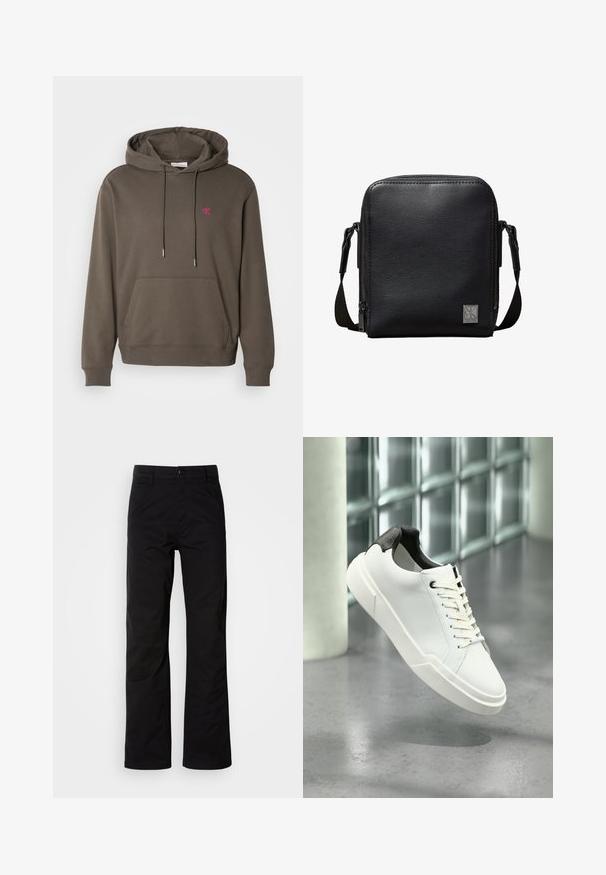 Sudadera gris con capucha, bolsillo frontal, cordón y un pequeño logotipo rosa en el pecho. Tejido suave con puños y dobladillo acanalados.; Pantalones de algodón negros con un diseño de pierna recta, que cuentan con un cierre de botón y lazos para cinturón. Textura suave y estilo minimalista sin patrones visibles.; Zapatilla blanca de perfil bajo con lengüeta del talón texturizada en negro, cordones blancos y suela gruesa sobre un suelo de cemento pulido cerca de bloques de vidrio.; Bolso bandolera de cuero negro texturizado con correa ajustable y placa metálica frontal con el logo de Calvin Klein.