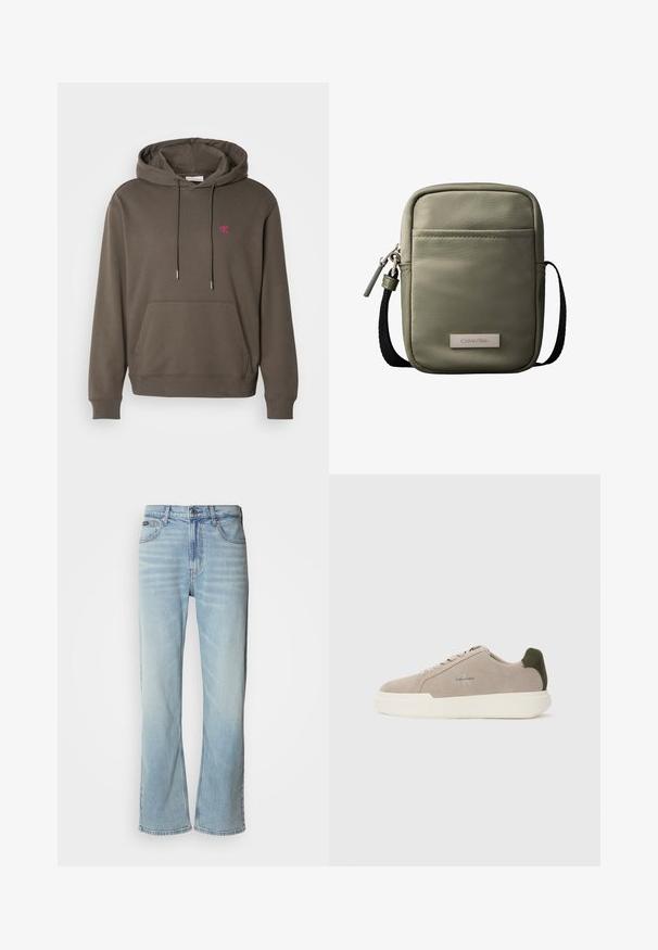 Grå hættetrøje med frontlomme, snor og et lille lyserødt logo på brystet. Blødt stof og ribbede manchetter og kant.; Lyseblå denimjeans med lige ben, der har fem lommer, knaplukning og en subtil falmning på stoffet.; Beige ruskinds sneakers med en hvid gummisål, der har en mørkegrøn hælaccent og subtil branding på siden.; Kompakt korsbodytaske i olivengrøn med forlomme, sort justerbar rem, lynlåslukning og Calvin Klein logo-plakette.