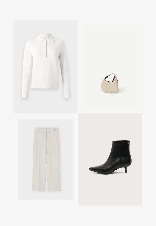 Polo en tricot à manches longues blanc avec col plat, patte de boutonnage, poignets côtelés et ourlet, fabriqué dans un tissu tricoté doux.; Pantalon crème taille haute à jambes larges avec un motif à carreaux subtil, passant de ceinture et fermeture frontale dissimulée sur un fond uni.; Bottine en cuir noir avec bout pointu et petit talon kitten sur fond clair, vue côté extérieur.; Sac à main en cuir beige en forme de croissant avec une seule bandoulière et des coutures minimalistes, posé sur un fond blanc uni.