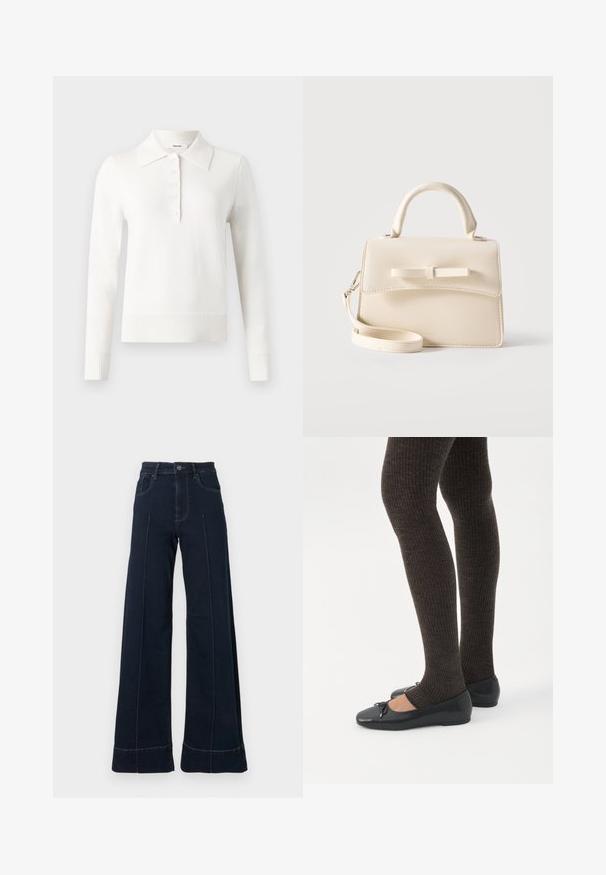 Polo en tricot à manches longues blanc avec col plat, patte de boutonnage, poignets côtelés et ourlet, fabriqué dans un tissu tricoté doux.; Jean large bleu foncé à taille haute, avec des poches avant et des coutures visibles. Fabriqué en denim avec une texture lisse.; Jambes portant des leggings côtelés foncés associés à des ballerines noires avec de petits détails en nœud sur fond blanc.; Petit sac à main beige avec poignée supérieure, bandoulière amovible, rabat avant et nœud horizontal décoratif sur un fond uni.