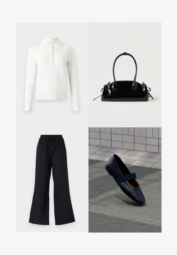 Suéter tipo polo de manga larga en blanco, con cuello plano, tapeta de botones, puños y dobladillo acanalados, hecho de una suave tela de punto.; Pantalones de pierna ancha negros, hechos de un tejido ligero, que cuentan con una cinturilla elástica con cordón y una textura suave.; Zapato plano de cuero negro con punta redonda, que presenta una suave correa elástica negra sobre la parte superior. Textura suave y diseño minimalista.; Pequeño bolso negro brillante con dos asas largas y detalles de cordón lateral sobre un fondo claro liso.